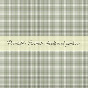 Puede incluir: Un patrón imprimible con un diseño a cuadros verde y blanco. El texto "Printable British checkered pattern" se muestra en una pancarta amarilla.