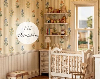 Dollhouse Miniature Printable- 12th scale DIY - Printable Watercolor Flower Pattern in Strips Wallpaper [Digital File]
