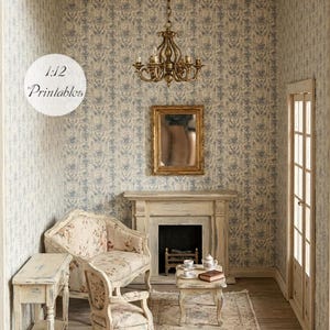 Dollhouse Miniature Printable Wallpaper- 12th scale DIY - Printable Vintage Blue Bird Wallpaper [Digital File]/Digital Vintage Paper Pattern