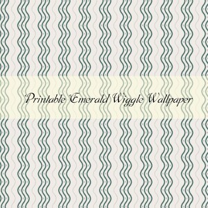 May include: Printable wallpaper with a repeating pattern of emerald green wavy lines on a light gray background. The text "Printable Emerald Wiggle Wallpaper" is centered on a light yellow banner.