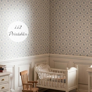 Dollhouse Miniature Printable- 12th scale DIY - Printable Nordic Daisy in Blue Wallpaper [Digital File]/Digital Vintage Paper Pattern