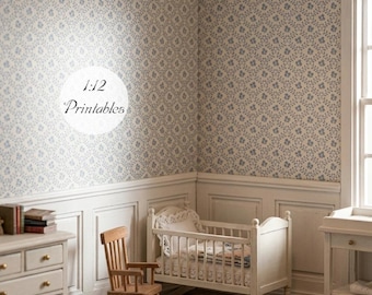 Dollhouse Miniature Printable- 12th scale DIY - Printable Nordic Daisy in Blue Wallpaper [Digital File]/Digital Vintage Paper Pattern