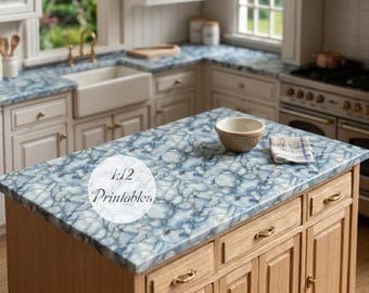 Dollhouse Miniature Printable- 12th scale DIY - Printable Blue Watercolor Marble wallpaper[Digital File]/Digital Vintage Paper Pattern