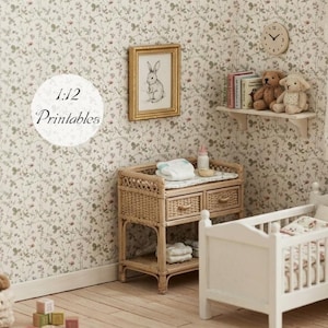 Dollhouse Miniature Printable/ Digital Vintage Paper Pattern- 12th scale DIY - Printable Berries/Floral Wallpaper in beige- Scandinavian