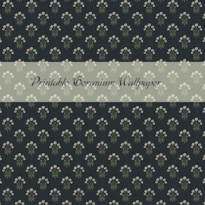 May include: Printable Geranium Wallpaper. A repeating pattern of small white flower clusters with green leaves on a dark blue background. A light gray band across the center displays the text "Printable Geranium Wallpaper".