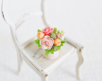 Miniature Rose Arrangement - 12th scale- Pink Rose and Hydrangea Flower Arrangement - OOAK Dollhouse Miniature Flowers