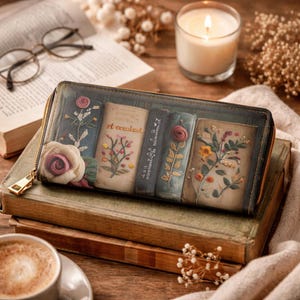 May include: A zippered wallet featuring a design of vintage books with floral embroidery. The wallet has a gold zipper and a large rose on the front. The color palette includes muted blues, greens, and browns, creating a vintage aesthetic.