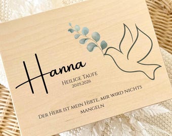 Personalisierte Holzbox zur Taufe mit Name & Datum, Bedruckte Erinnerungskiste Taufe, Taufgeschenk Mädchen Junge, Holzkiste mit Taube
