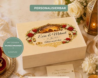Personalisierte Hochzeitsbox Holz – Türkische Hochzeit Geschenkbox mit Druck – Erinnerungsbox Brautpaar – Verlobung, Nikah, Düğün Kutu