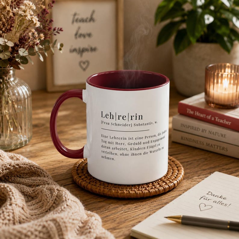 May include: A white ceramic mug with a deep red interior and handle, featuring black printed German text that defines the word Lehrerin. The mug sits on a round woven coaster, with steam rising from the top, displaying a dictionary-style entry.
