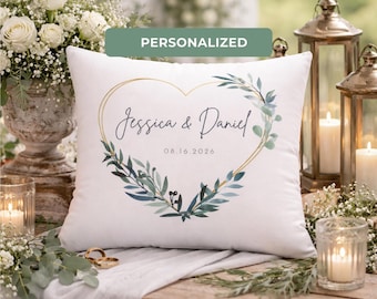 Personalized Wedding Pillow, Custom Names Date Cushion, Heart Floral Pillow Gift, Engagement Gift, Anniversary Decor
