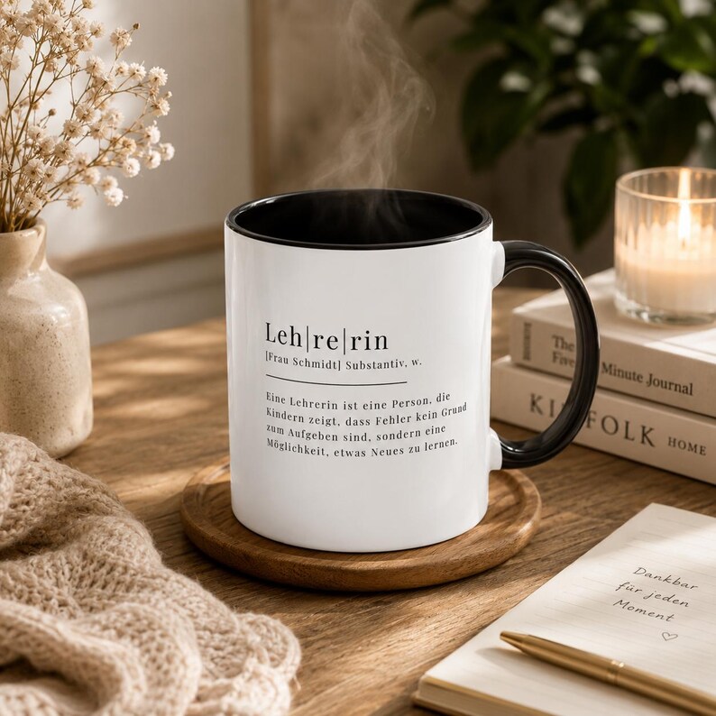 May include: A white ceramic mug with a black interior and handle, featuring black printed text that defines the word Lehrerin, including the name Frau Schmidt, with steam rising from the top of the mug while it sits on a round wooden coaster.