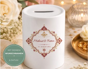 Personalisierte Spardose Türkische Hochzeit, Düğün Geldgeschenk mit Namen Datum, Nişan & Kına Geschenk, Türkisches Hochzeitsgeschenk Paar