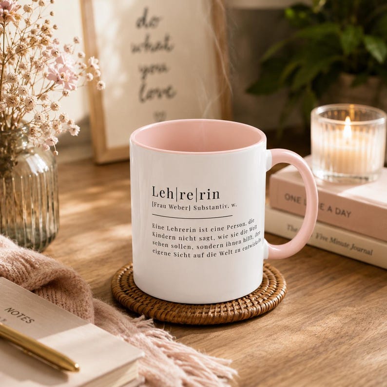 May include: A white ceramic mug with a soft pink interior and handle, featuring black printed German text that defines the word Lehrerin. The mug sits on a round woven rattan coaster, with steam rising from the top, displaying a dictionary-style entry.
