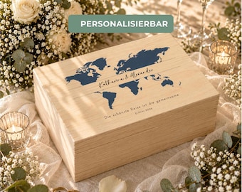 Personalisierte Hochzeitsbox aus Holz mit Weltkarte | Erinnerungskiste Hochzeit | Geschenkbox Brautpaar | Personalisiert Namen Datum Spruch