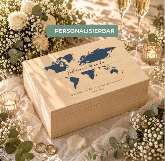 Personalisierte Hochzeitsbox aus Holz mit Weltkarte | Erinnerungskiste Hochzeit | Geschenkbox Brautpaar | Personalisiert Namen Datum Spruch
