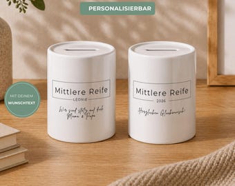 Personalisierte Spardose Mittlere Reife, Geschenk Schulabschluss,Sparbüchse mit Name od Datum & Wunschtext, Geldgeschenk Keramik, Realschule