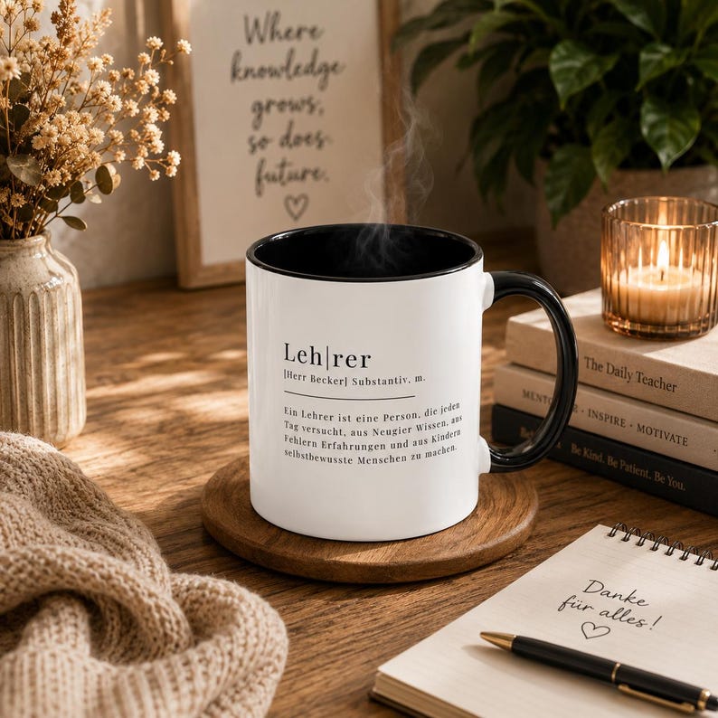 May include: A white ceramic mug with a black interior and handle, featuring the German word Lehrer defined with text in black ink. Steam rises from the mug, which sits on a round wooden coaster. The mug displays a dictionary-style definition.