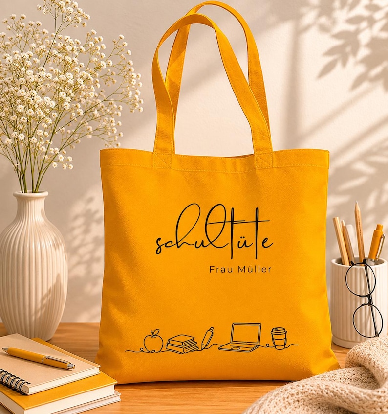 K&ouml;nnte beinhalten: Senfgelbe Tragetasche mit schwarzer Schrift, die "Schult&uuml;te" und "Frau M&uuml;ller" lautet. Die Tasche zeigt eine Strichzeichnung eines Apfels, B&uuml;cher, eines Stifts, eines Laptops und einer Kaffeetasse. Die Tasche hat zwei Henkel.