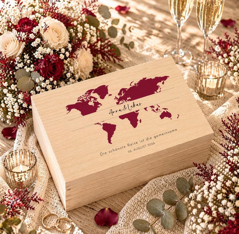 May include: A light-colored wooden box with a world map design in burgundy. The box is inscribed with the names "Anna & Lukas" and the date "26. AUGUST 2026". The box is surrounded by flowers, candles, and champagne glasses.
