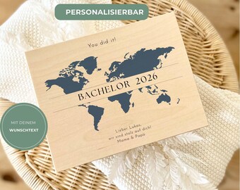 Personalisierte Holzbox Bachelor Abschluss Geschenk, Bachelor Geschenk personalisiert, Erinnerungsbox Studium, Holzbox mit Druck Weltkarte