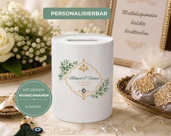 Personalisierte Spardose Hochzeit Türkisch | Geldgeschenk Box mit Namen & Datum | Hochzeitsdeko Nazar Boncuk | Nişan und Düğün Geschenk