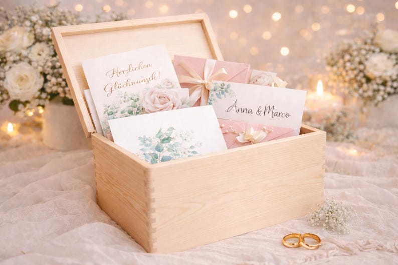 May include: A light wooden box filled with wedding stationery. The box contains cards with floral designs and text, along with pink envelopes tied with ribbons. Gold wedding rings are in the foreground.