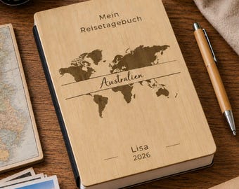 Personalisiertes Reisetagebuch aus Bambus | Reisejournal mit Name | Weltreise Notizbuch | Flitterwochen Geschenk Set| Travel Journal