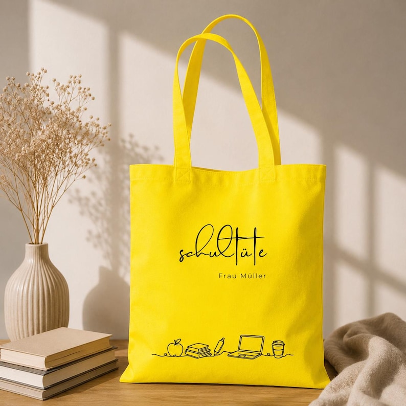 K&ouml;nnte beinhalten: Eine leuchtend gelbe Tragetasche mit schwarzer Schrift und einer Grafik von Apfel, B&uuml;chern, Stift, Laptop und Kaffeetasse. Die Tasche hat zwei Henkel und den Text "Schult&uuml;te Frau M&uuml;ller".