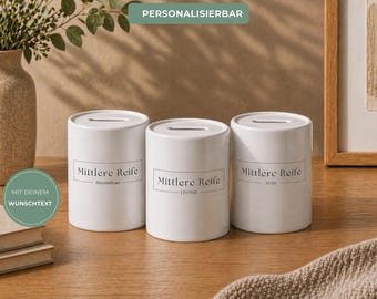 Personalisierte Spardose Mittlere Reife, Geschenk Abschluss Schule, Sparbüchse mit Namen o Datum, Keramik Spardose individuell, Realschule