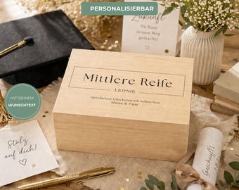 Personalisierte Holzbox Schulabschluss, Geschenk Mittlere Reife Namen, Erinnerungskiste 2026, Geschenk von Eltern, Holzbox personalisiert