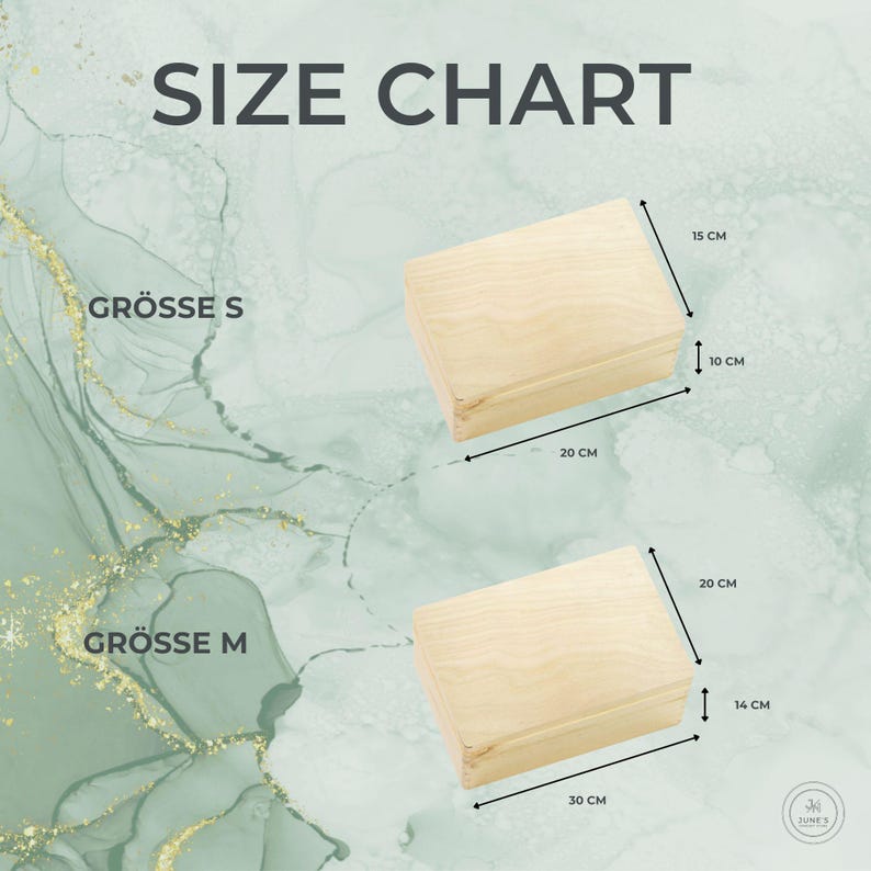 May include: A size chart displays two wooden boxes with dimensions. The smaller box is 20 cm long, 15 cm wide, and 10 cm high. The larger box is 30 cm long, 20 cm wide, and 14 cm high. The text "SIZE CHART" is at the top.