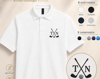Può includere: Una polo bianca a maniche corte con un ricamo sul petto raffigurante due mazze da golf incrociate, una pallina da golf e le lettere T e N. L'immagine include opzioni di testo per i colori della maglia, i colori del filo e la personalizzazione.