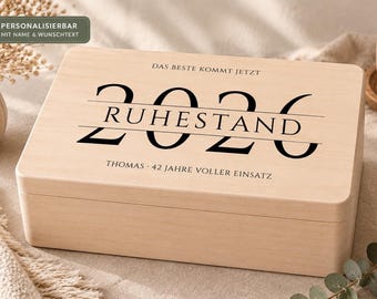 Geschenk Ruhestand personalisiert | Holzbox zur Rente mit Name & Wunschtext | Abschiedsgeschenk Kollege Kollegin | Rentengeschenk