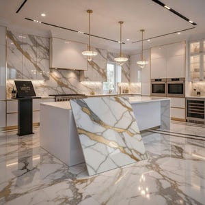 Może przedstawiać: Luksusowa kuchnia z białymi szafkami, złotymi akcentami oraz marmurowymi blatami i podłogami. Duża marmurowa płyta ze złotymi żyłkami opiera się o białą wyspę. Nad wyspą wiszą trzy lampy wiszące.