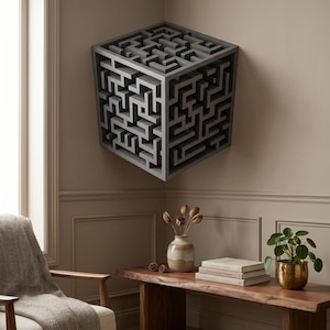 Op de afbeelding: Een grijs, driedimensionaal kubusvormig wandkunstwerk met een complex doolhofontwerp. Het kunstwerk is bevestigd aan een neutraal gekleurde muur. De kamer bevat ook een houten tafel, een stoel, een vaas met gedroogde bloemen en een potplant.