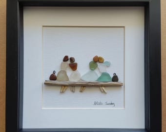 4 girls on a bench pebble art #2