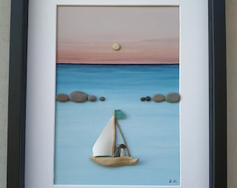 Sail Boat with Couple pebble art