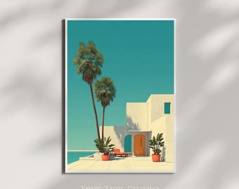 Colourful Hiroshi Nagai Inspired Illustration of House, Pool and Palm Trees - Old Money Vintage Aesthetic Wall Art - Vintage LA Summer Decor