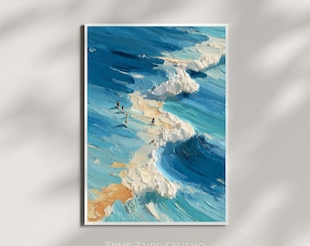 Werner Bronkhorst Inspired Bold Colourful Oil Painting Illustration of Surfers & Sea - Old Money Vintage Aesthetic Wall Art - Coastal Decor