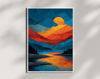 Etel Adnan Inspired Landscape Art Print - Abstract Mountain Reflection - Home Textured Art Gift - Abstract Nature  - Minimalist Canvas