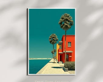 Hiroshi Nagai Inspired Illustration of Colourful Houses, Sea and Palm Trees - Old Money Vintage Aesthetic Wall Art - Vintage LA Summer Decor