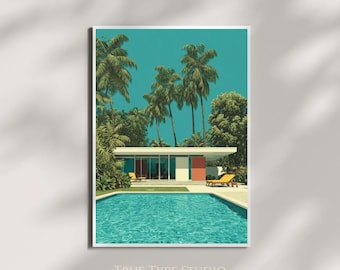 Hiroshi Nagai Inspired Bold Colourful Illustration of House and Pool - Old Money Vintage Aesthetic Wall Art - Vintage LA Summer Vibes Decor