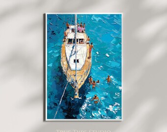 Oil Painting Illustration of Yacht In Sea - Old Money Aesthetic Wall Art - Cool Sea View Poster Print - Vibrant Mediterranean Summer Art