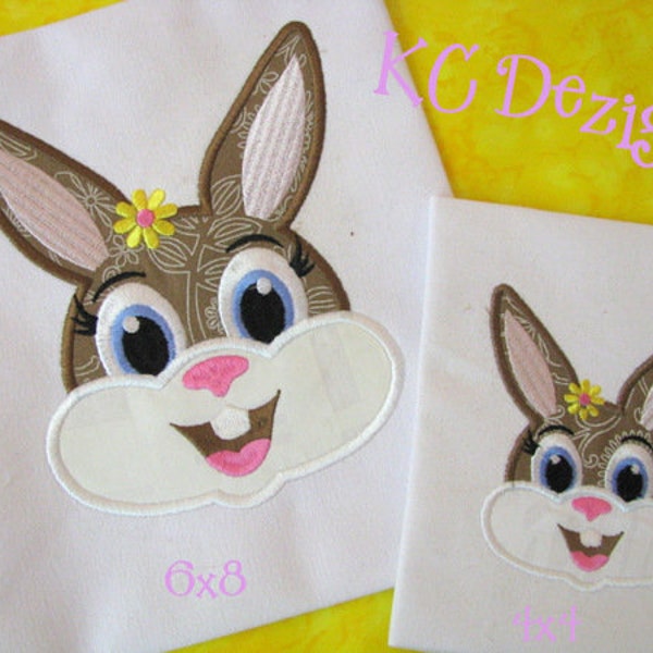 Girl Rabbit Face Machine Applique Embroidery Design, Easter Applique, Easter Embroidery, Easter Bunny Face, Easter Bunny