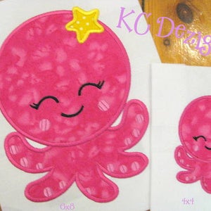 Girly Octopus With Star Machine Applique Embroidery Design - 4x4, 5x7 & 6x8, Girly Octopus, Octopus Embroidery, Octopus Applique