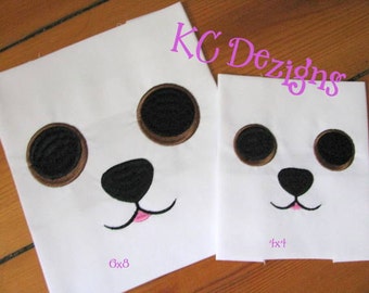May include: Two white fabric panels with embroidered animal faces. The larger panel features a brown and black dog face with a pink nose. The smaller panel features a brown and black dog face with a pink nose. The text "KC Dezigns" is embroidered in pink on the larger panel. The text "6x8" is embroidered in pink on the larger panel. The text "4x4" is embroidered in pink on the smaller panel.