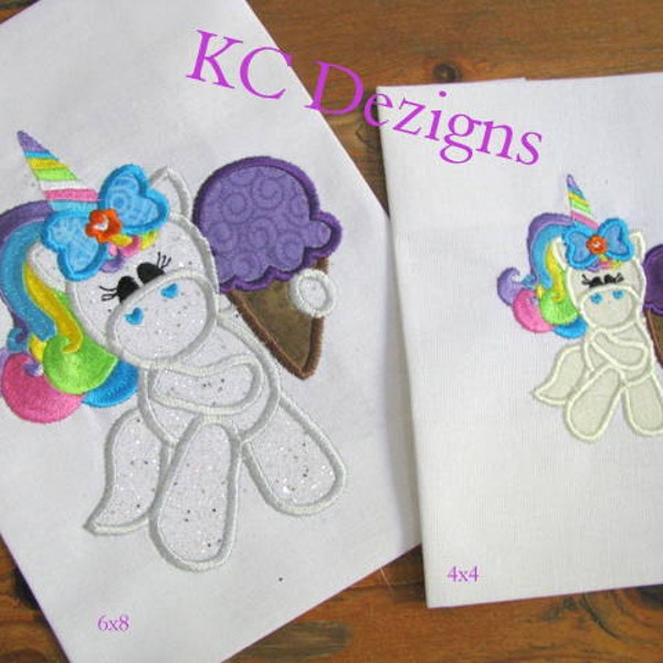 Cool Treat Unicorn 03 Machine Applique Embroidery Design - Unicorn With Ice Cream Applique Design - Unicorn Applique Design - Unicorn Design