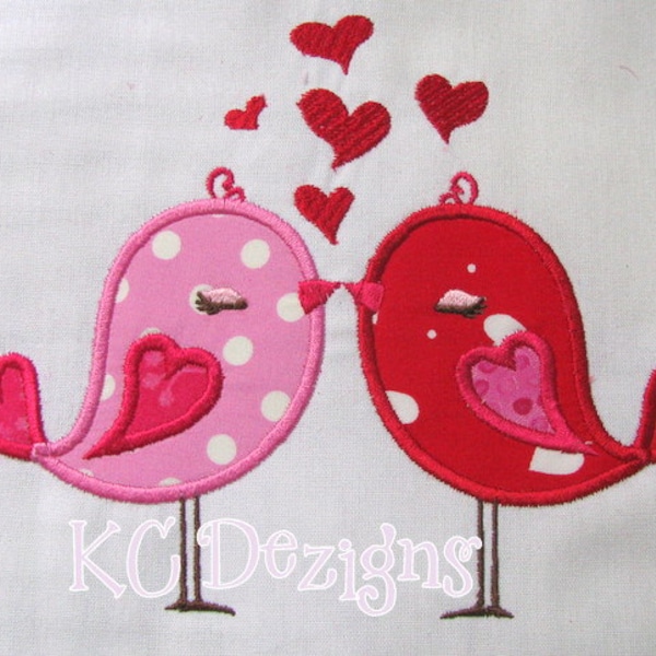 Love Birds With Hearts Machine Applique Embroidery Design - Love Birds With Hearts Applique - Valentine Applique Design