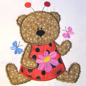 Ladybug Bear 03 Machine Applique Embroidery Design - Ladybug Bear With Flowers Applique Design - Bear With Flowers Applique Design